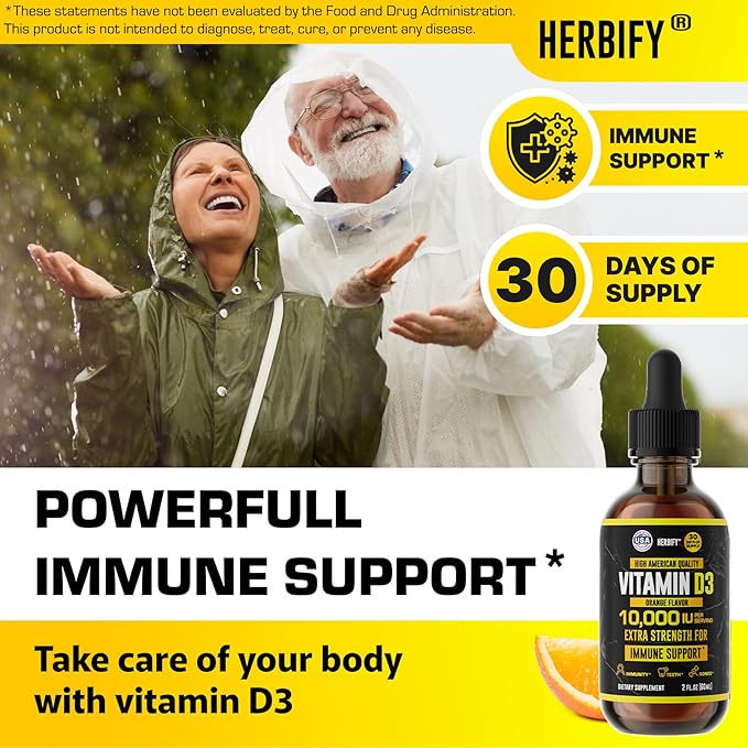 HERBIFY Vitamin D3 10000 IU - Made in USA Liquid Vitamin D Drops - Bone Strength and Immune Support Supplement - Sunshine Replacement - D3 Vitamin Bone and Teeth Supplement - 30 Days Supply - 2 Oz