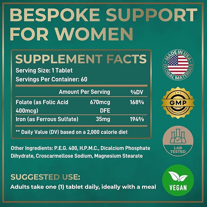 Vegan Iron Supplement for Women with Folic Acid - 35 mg Blood Builder Ferrous Sulfate Folic Acid 400 mcg - Iron Pills for Women with Anemia &amp Pregnancy Support - 120 Gluten-Free Tablets - 2Pack