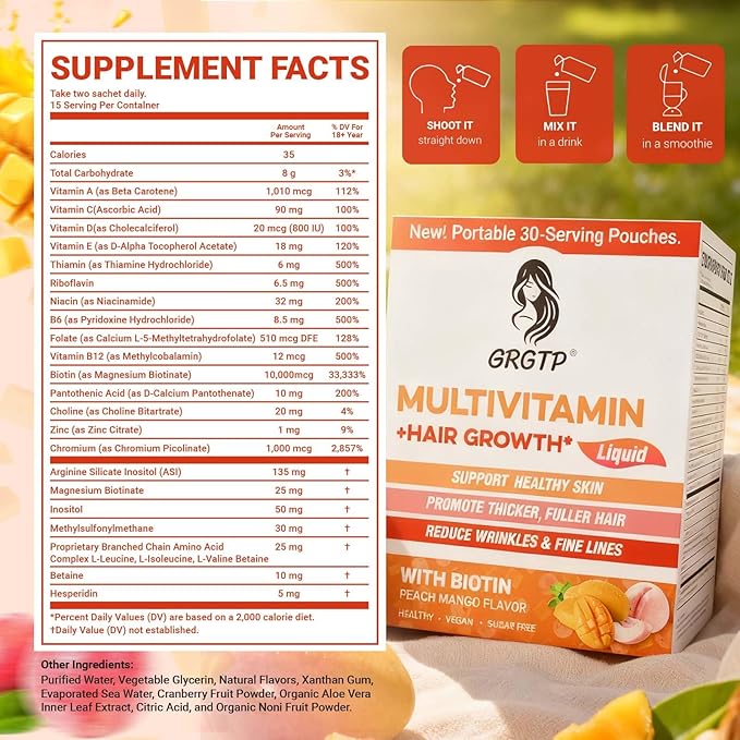 Liquid Multivitamin + Hair Growth | Biotin 10000mcg | Support Healthy SkinPromote ThickerFuller HairReduce Wrinkles &amp Fine Lines | 15.22 Fl Oz