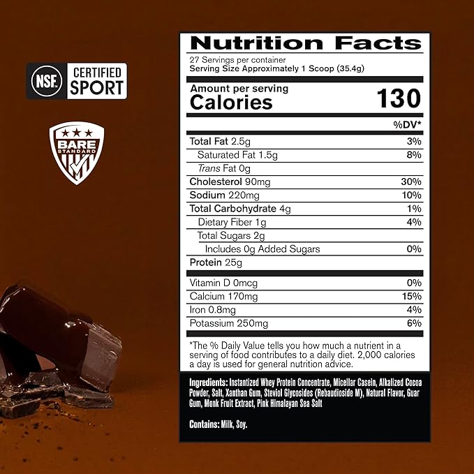 BARE PERFORMANCE NUTRITION BPN Whey Protein + Casein Protein Powder Blend Fudge Chocolate 25g Protein per Serving Supports Lean Muscle Recovery 27 Servings Third Party Tested