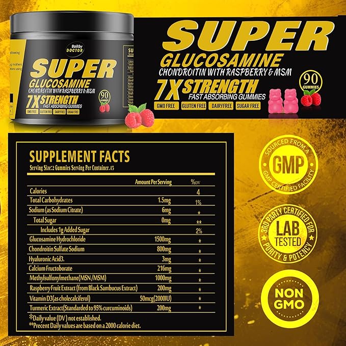 Super Glucosamine Chondroitin Gummies - Extra Strength Joint Support Supplement with MSM &amp Raspberry for Natural Joint Antioxidant Immune Support for Adults Men &amp Women-(2 Pack)