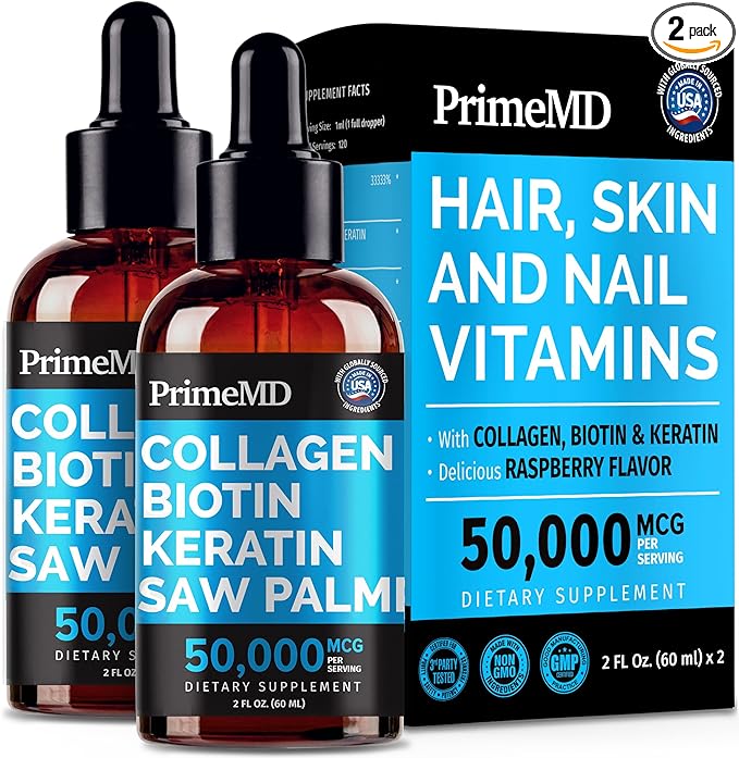 Liquid Collagen Peptides for Women - Serum Complex with Biotin Vitamin Hydrolyzed Keratin Protein and Saw Palmetto - Comprehensive Formula for Hair Skin and Nails Wellness - 2fl oz (Pack of 2)