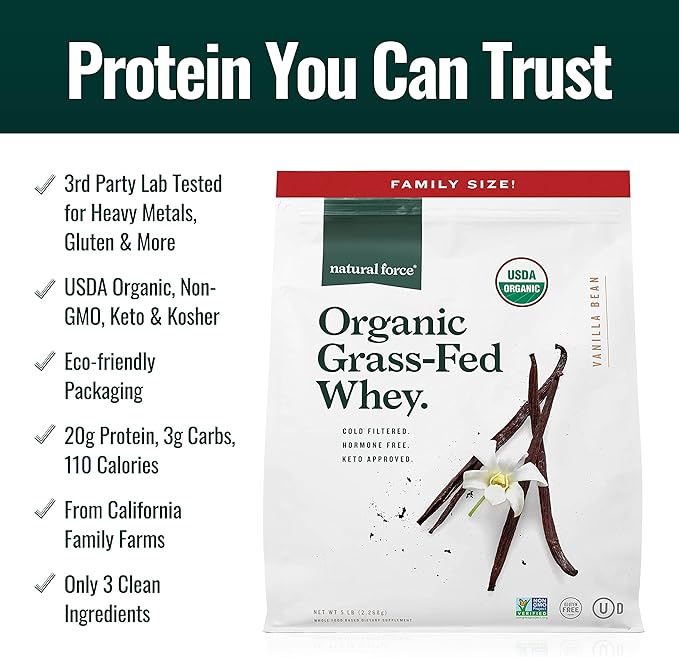 Natural Force Grass Fed Organic Whey Protein Powder Vanilla Flavor 5 lb Organic Clean Collagen Peptides Powder Unflavored 10.7oz