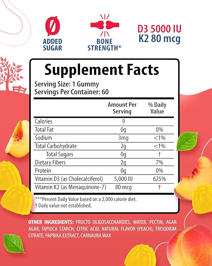 Vitamin D3 K2 Gummies 5000 IU - Immune &amp Bone Suppor &amp Magnesium Gummies for Kids &amp Adults - 500mg