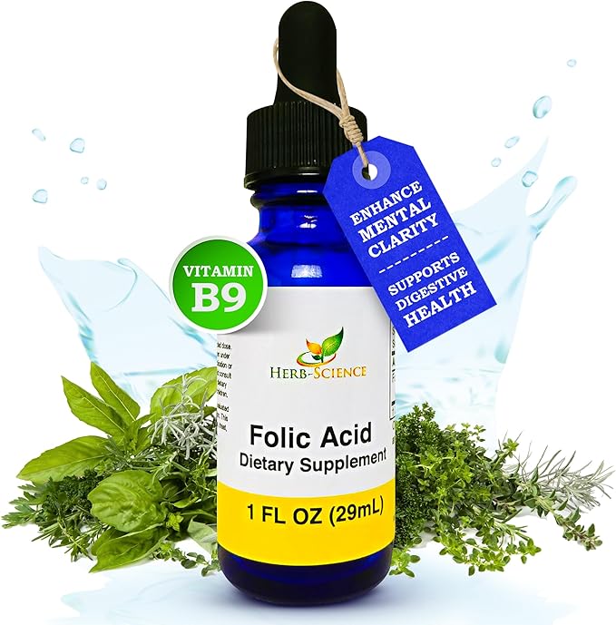 Liquid Vitamin B9 Folic Acid Supplements - VIT B Drops for Brain &amp Digestive Function Liver Support - Gluten-Free Non-GMO Vegan - Nutritional Supplement for Adults - 1 fl. oz.