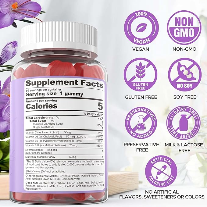 1Pack Saffron Supplement Gummies 100% Pure Saffron Extract Whole Herb Gummies + 2P Vegan Iron Gummies Supplement with Vitamin C B12 Folate &amp Turmeric