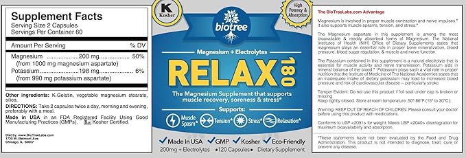 BioTree Labs Relax 180 - Pack of 120 Magnesium &amp Potassium Supplement with Electrolytes | Supports Muscle Pain Spasms &amp Tension | 60 Days