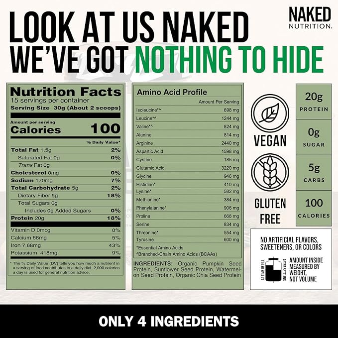 Naked Seed - 4 Seed Protein Powder Only 4 Ingredients - Chia Watermelon Sunflower and Pumpkin Seed - Gluten-Free Soy Free Vegan No Gmos No Artificial Sweeteners - 15 Servings