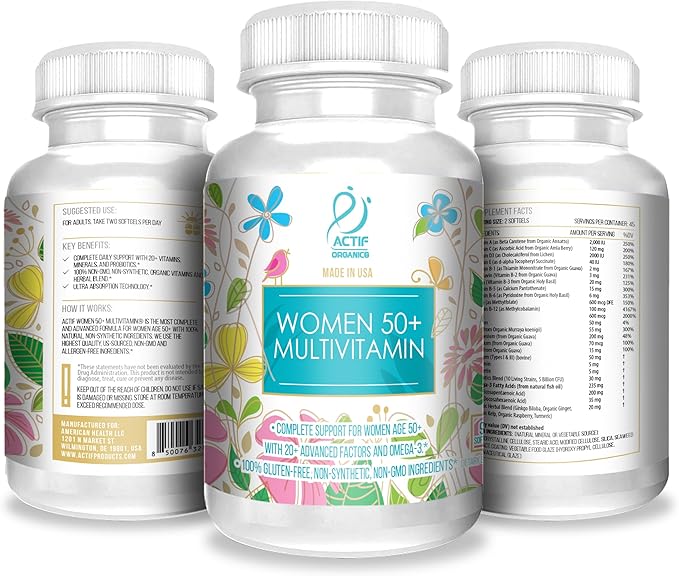 ACTIF Organic Multivitamin for Women Age 50+ with 20+ Advanced Factors and Omega-3 Non-GMO Made in USA 90 Count
