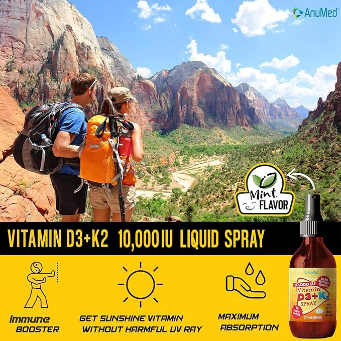 Vitamin D3 K2 10000 IU Liquid Spray with Organic MCT Oil Vitamin A (Retinol) 1250mcg K2 (MK4MK7) Promotes Heart Bones Immune System. 100% Vegan Non-GMO Gluten-Free No Sugar Added (2oz)