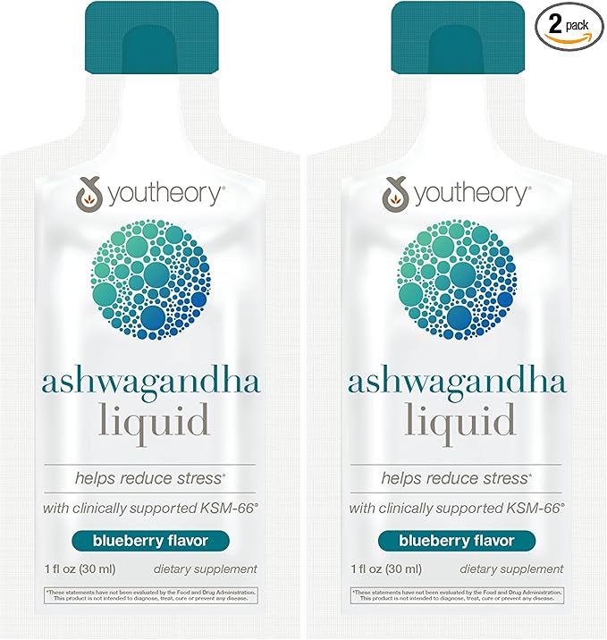 Youtheory Ashwagandha Liquid - Uses KSM-66 - Ashwagandha Supplement to Support Stress Relief* - Vegan - Dairy Soy &amp Gluten Free - 12 Single-Serving Packets (Pack of 2)