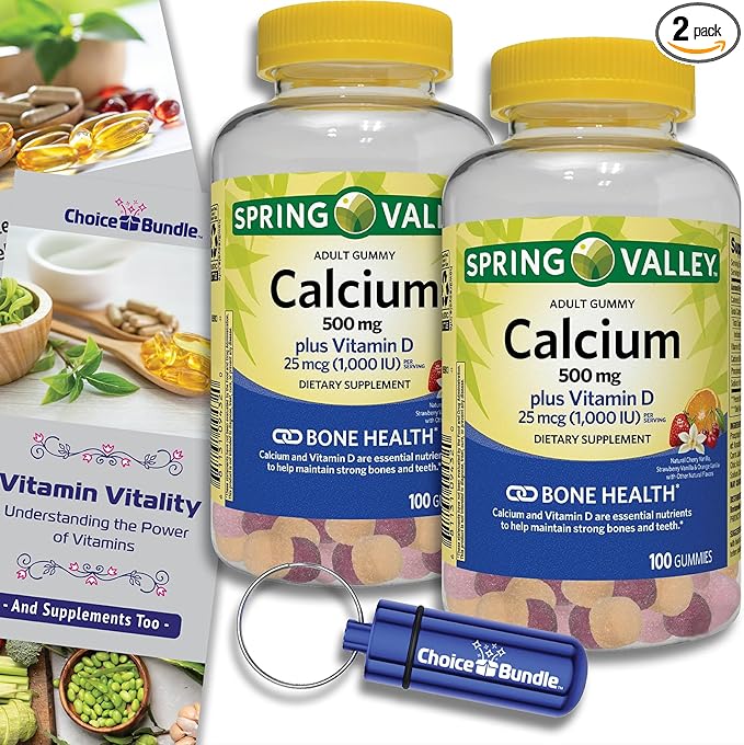 Choice Bundle Spring Valley Calcium 500 mg Plus Vitamin D 25 mcg Bone Health Dietary Supplement Gummies 100 Ct 2 pk (200 Total) + Vitamin Guide and Pill Container (4 Items)!