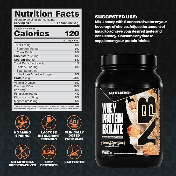 NutraBio 100% Whey Protein Isolate Protein Powder 25g Protein with Complete Amino Acid Profile Non-GMO Soy &amp Gluten Free Low Carb Low Calorie Whey Protein Powder Cinnamon Sugar Donut 2 Lbs