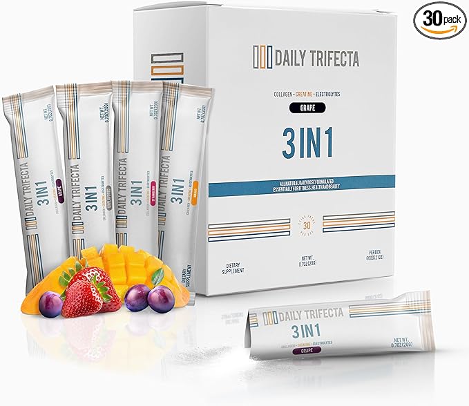 DAILY TRIFECTA 3-in-1 Collagen Creatine &amp Electrolyte Stick Packs | Type I Collagen Creatine Monohydrate Zero Sugar | 30 Natural Single-Serve Packets | Strength Hydration &amp Recovery (Mango