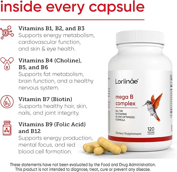 Mega B Complex Vitamin Supplement for Immune Support Nerve Function &amp Normal Energy Metabolism Contains Myo-Inositol &amp Choline for Antioxidant Support 120 Vegan Capsules