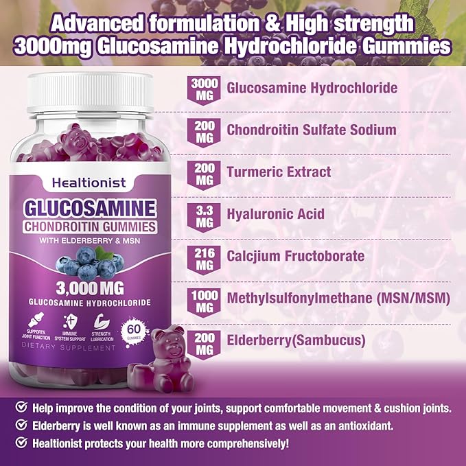 2 Packs 3000mg Glucosamine Chondroitin Gummies with MSM &amp Elderberry - Extra Strength Joint Health Flexibility Antioxidant Immune Support Supplement Gummy for Adults Men &amp Women 120 Cts