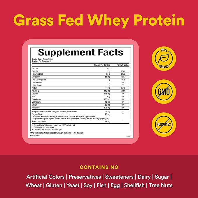 Natural Factors Whey Factors Grass Fed Whey Protein Concentrate Aids Muscle Development and Immune Health Strawberry 12 Oz