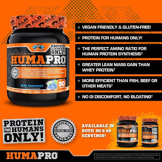 Humapro | Amino Acids Protein Matrix for Humans | 99% Utilization for Lean Muscle | Vegan Gluten Free | 667g / 90 Servings (Blue Raspberry)