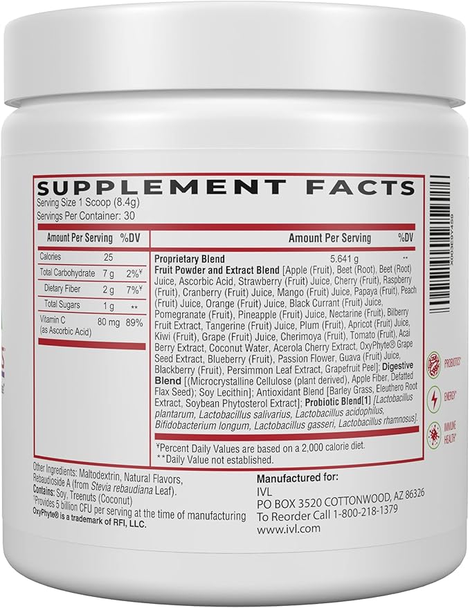 IVL - Phyto Fruits Superfood Powder - Support Energy - Digestive &amp Probiotic - Antioxidant - Vegan - 40 Fruits and Nutrients Plus 6 Probiotic Strains (30 Servings 8.88 oz)