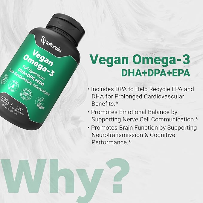 Naturalis Double Strength Vegan Omega 3 DHA EPA &amp DPA from Microalgae | Vegan Society Certified Sustainably Sourced True Full Spectrum | 180 Veggie Softgels (Carrageenan Free)