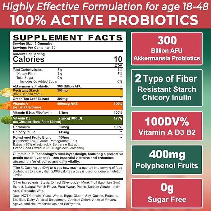 Akkermansia Probiotics Gummies with Prebiotics Fiber 300 Billion AFU Akkermansia Muciniphila with Polyphenol Fruits Resistant Starch Vitamin A D3 B2 for Metabolism Digestive &amp Gut Health 1Pa