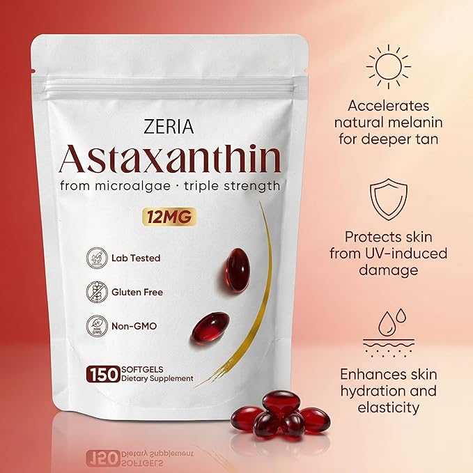 Zeria Astaxanthin 12mg Natural Microalgae Antioxidant Supplements Helps Protect Cells from Oxidative Stress Skin Firmness &amp Elasticity Promotes Healthy Skin and Eyes 150 Softgels