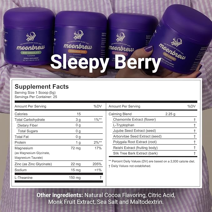 MoonBrew Nighttime Magnesium Sleepy Berry Smoothie Natural Sleep Aid Drink Mix for Adults - Calming Melatonin-Free Sleep Support with L-Theanine Chamomile &amp Zinc Glycinate - 25 Servings