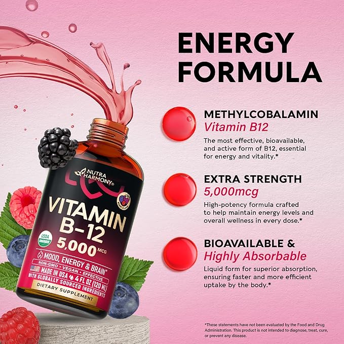 USDA Organic Vitamin B12 Sublingual Drops - 5000 mcg Liquid Vegan Methylcobalamin for Women &amp Men - Energy Boost Focus &amp Mood Brain Health Support - Maximize Absorption - 4 Month Supply 4 f