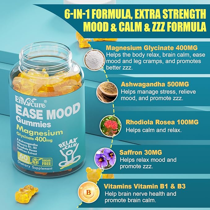 Sugar Free Magnesium Glycinate Gummies 400mg with Ashwagandha B1 B3 Rhodiola Rosea &amp Saffron for Support Rest Mood &amp Calm Magnesium Gummies for Adults Chewable Magnesium Supplement Vegan