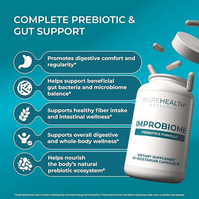 PUREHEALTH Research Improbiome - Prebiotic Fiber - Natural Support for Healthy Gut Prebiotics - Digestive Nutritional Supplements - with Jerusalem Artichoke Apple Pectin &amp More - 90 Capsules