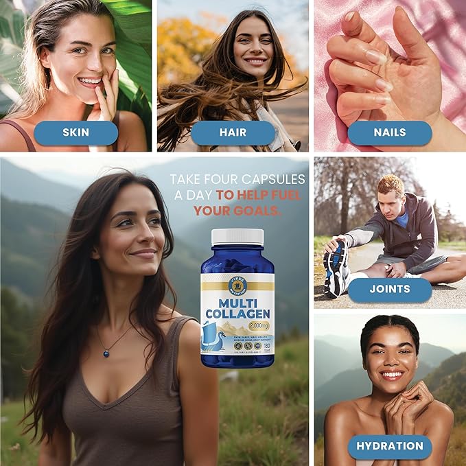Vykee Nutrition Multi Collagen + Biotin &amp Hyaluronic Acid – 2000mg Beauty &amp Joint Support | Hair Skin Nails &amp Mobility | Multi-Type Collagen for Daily Strength &amp Resilience | 180 Ca