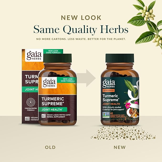 Gaia Herbs Turmeric Supreme Joint Health - Joint Support Supplement with Cucumber Quercetin Black Pepper Ginger Root Curcuminoids &amp More* - 60 Liquid Phyto-Caps (30 Servings)