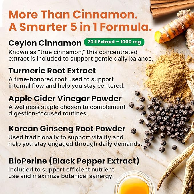5-in-1 Ceylon Cinnamon Powder Extra Strength – Organic Ceylon Cinnamon Capsules with Turmeric Apple Cider Vinegar Korean Ginseng &amp BioPerine for Metabolism &amp Energy Support Pills (120 Ct 2