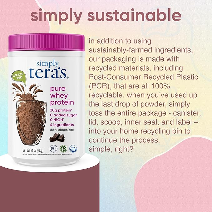 simply tera's Pure Whey Protein Powder - Dark Chocolate Clean Protein Powder Grass Fed Whey Protein Powder Without Artificial Sweeteners Clean Label Non-GMO Kosher rBGH-Free - 24 Oz