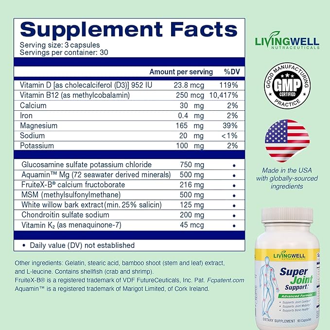 SUPER JOINT SUPPORT Glucosamine Chondroitin &amp MSM for Bone &amp Muscle Health - Joint Supplement for Men &amp Women with Vitamin D B12 Magnesium Potassium &amp Calcium - All in One Support -