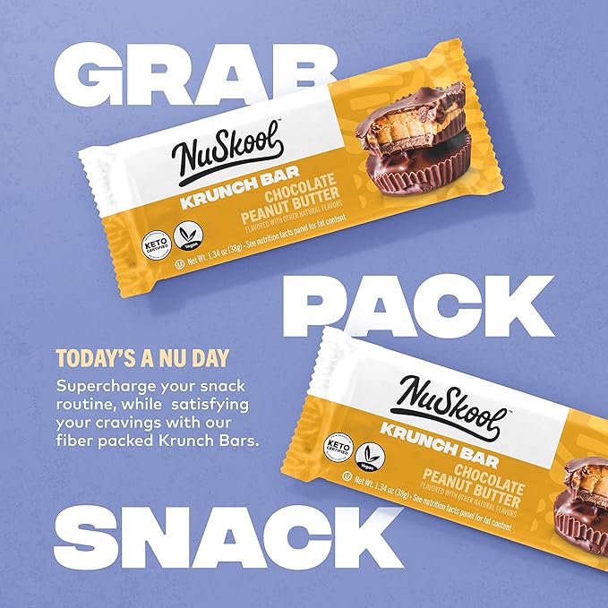NuSkool Snacks Chocolate Peanut Butter Keto Friendly Protein Krunch Bars (12 Pack) - 7g Fiber 10g Clean Plant-Based Protein 3g Net Carbs - Gluten-Free Non-GMO Vegan Low Carb Keto Healthy Breakfas