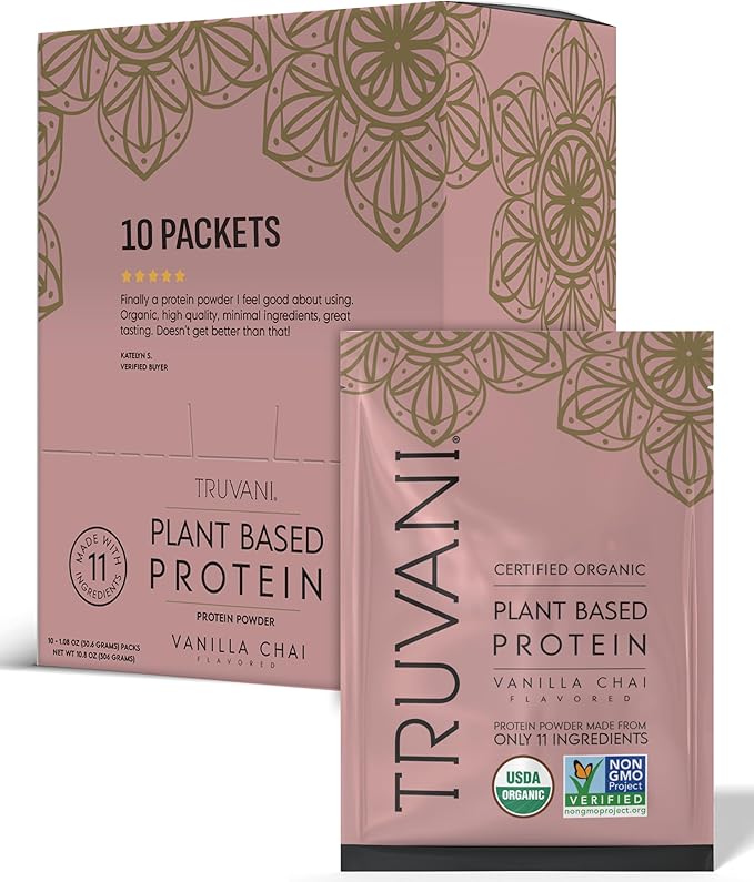 Truvani Vegan Pea Protein Powder | Vanilla Chai | 20g Organic Plant Based Protein | Single Serving Travel Packets | 10 Servings | Keto | Gluten &amp Dairy Free | Low Carb | No Added Sugar