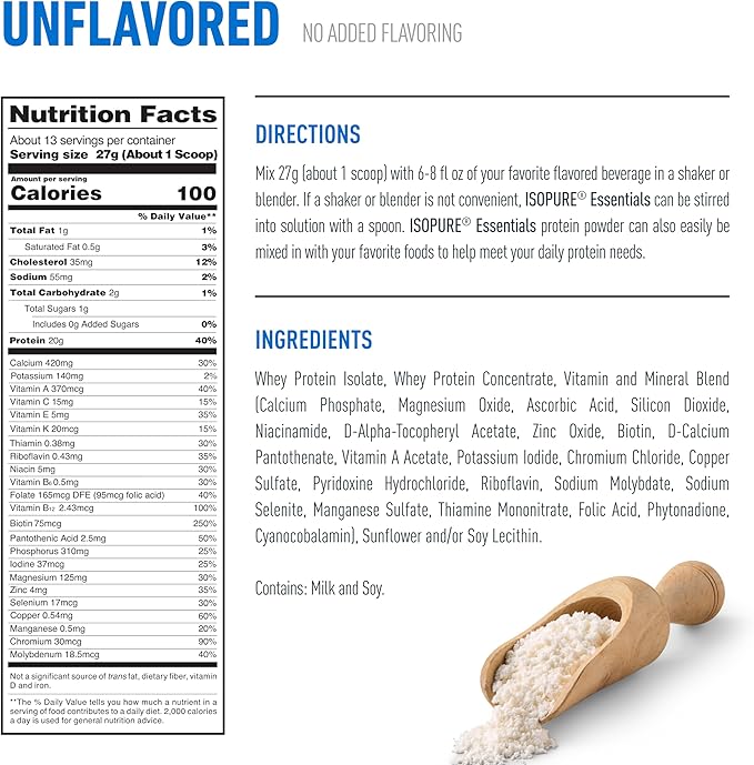 Isopure Essentials 100% Whey Protein Powder with Vitamins 20g Protein Per Serving Unflavored 13 Servings (Pack of 1)