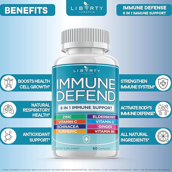 8 in 1 Immune Supplement with Echinacea Vitamin C and Zinc 50mg Vitamin D 5000 IU Turmeric Curcumin &amp Ginger B6 Elderberry 60 Capsules