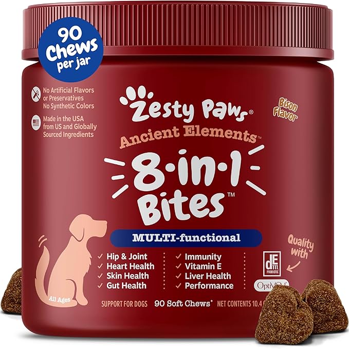 Zesty Paws Dog Multivitamin Chewable Dog Vitamins and Supplements for Hip &amp Joints Skin &amp Coat Omega 3 Fish Oil for Dogs- Senior &amp Puppy Multivitamin - Bison- 90ct