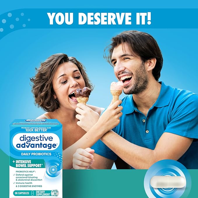 IBS Daily Probiotic Capsules for Digestive Health &amp Gut Health Digestive Advantage Probiotics For Men and Women (96 count box) - Digestible Enzymes