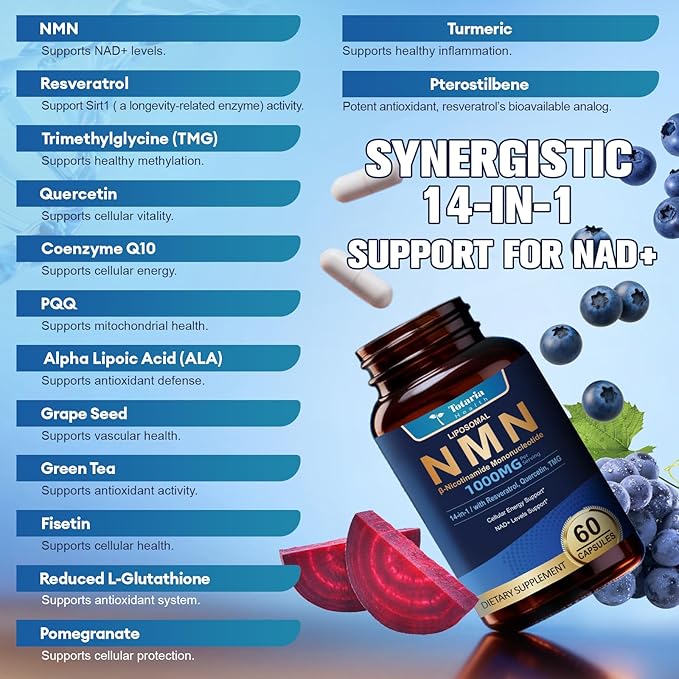 Totaria Liposomal NMN Supplement 1000mg 14-in-1 NMN Resveratrol Complex with CoQ10 TMG Quercetin ALA PQQ Support NAD Levels Cellular Energy &amp Healthy Aging 60 Capsules cGMP Filler Free
