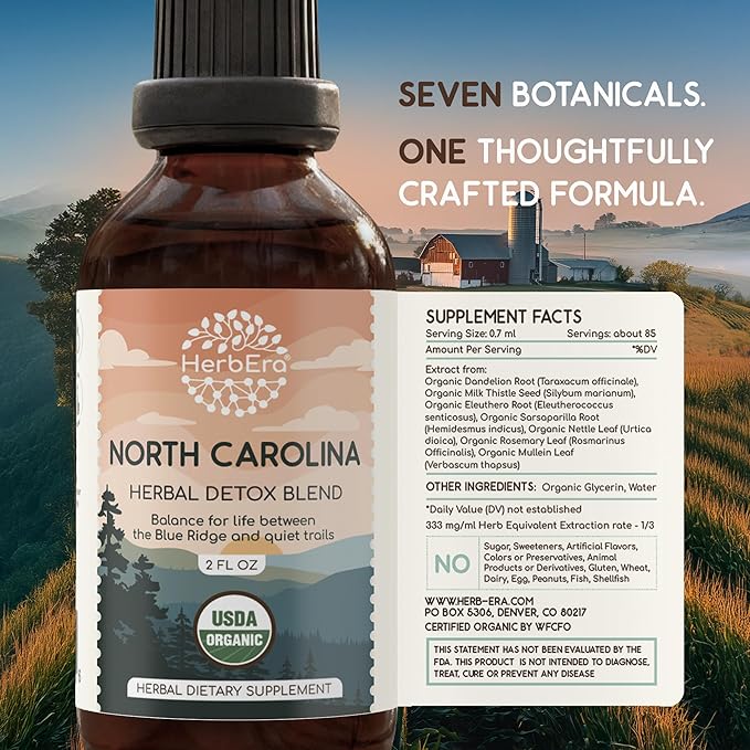HerbEra North Carolina Herbal Detox Blend - USDA Organic Extract Made in USA | Immune &amp Liver Support Liquid Drops | Dandelion Root Eleuthero Milk Thistle Sarsaparilla | 2 fl oz