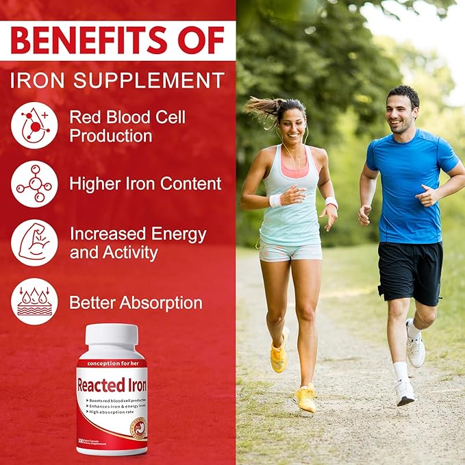 Reacted Iron - Iron 30mg (Ferrous Bisglycinate 325mg) for Red Blood Cell &amp Energy Support - Supports Anemia Fatigue - No Constipation-100 Capsules