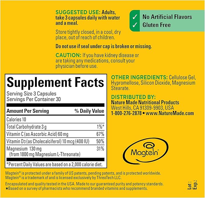 Nature Made Magnesium L-Threonate with Vitamin C &amp Vitamin D3 Provides 130 mg of Mag from 1800 mg Magnesium L Threonate Cognitive Support Magnesium-Supplement 90 Capsules 30 Day Supply(Pack o