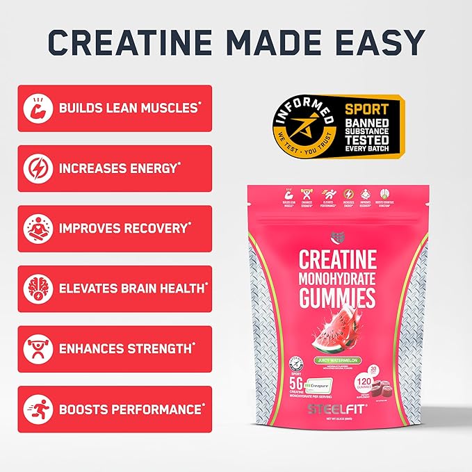 SteelFit Creapure Creatine Monohydrate Gummies for Men &amp Women Juicy Watermelon - Gym Workout Nutritional Supplements for Muscle Gain Brain Health &amp Strength Building Dietary Supplement 120