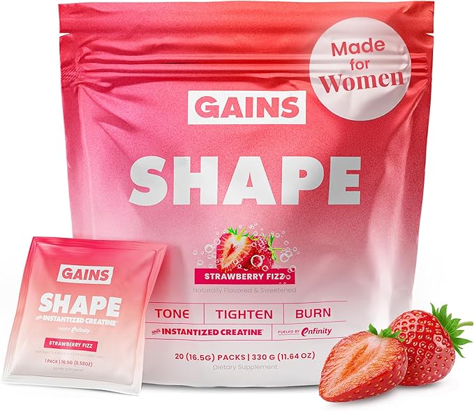 Gains in Bulk Shape Instantized Creatine for Women Strawberry Fizz Flavor Vegan Daily Workout Supplement with Hyaluronic Acid and Paraxanthine Supports Energy and Lean Muscle 20 Packets