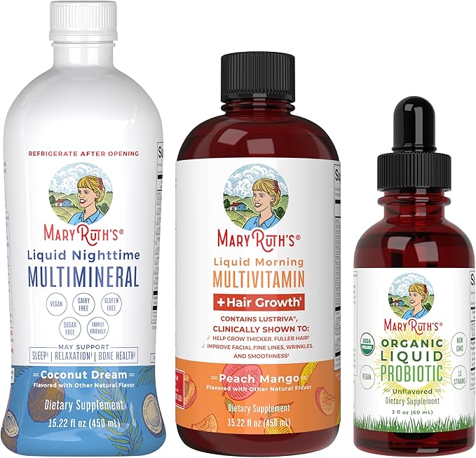 MaryRuth's Morning Multivitamin +Hair Growth (Peach Mango 15oz) Nighttime Multimineral (Coconut 15oz) &amp Probiotic Drops (2oz) | Vegan Vitamins for Beauty Bedtime &amp Wellness | Non-GMO