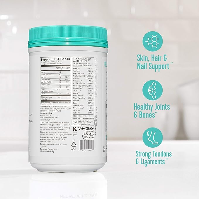 Vital Proteins Collagen Coffee Creamer Non Dairy &amp Low Sugar Powder with Collagen Peptides Supplement - Supporting Healthy Hair Skin Nails with Energy-Boosting MCTs - Coconut 10.3oz