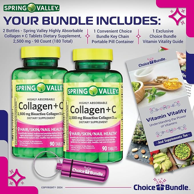 Spring Valley Highly Absorbable Collagen + Vitamin C Tablets Hair Skin Nail Health 2500 mg 90 Ct 2 pk (180 Total) + Vitamin Vitality &amp Pill Container (4 Items)!
